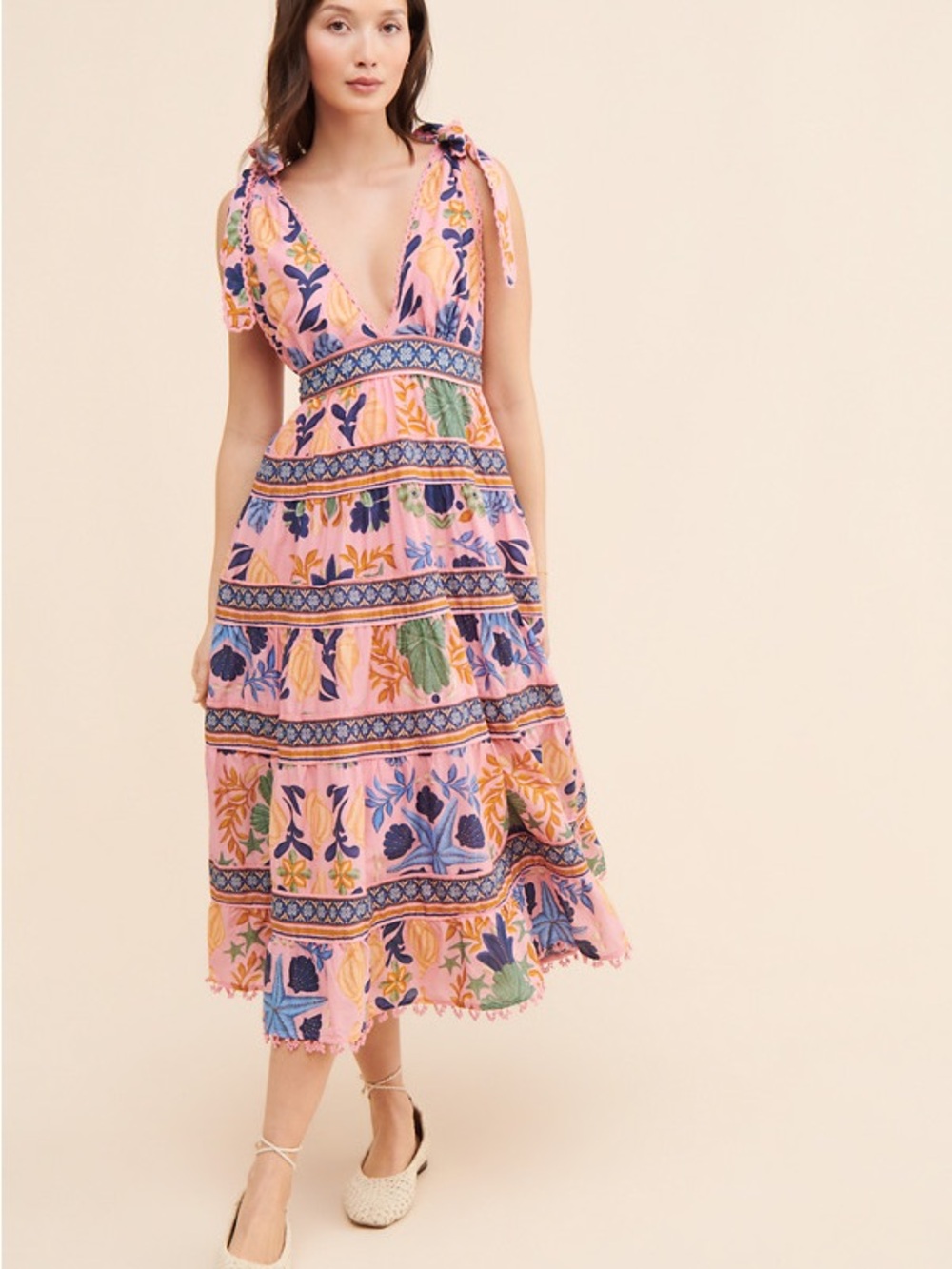 FARM Rio Pink Floral Tiered Maxi Dress with Blue and Green Accents